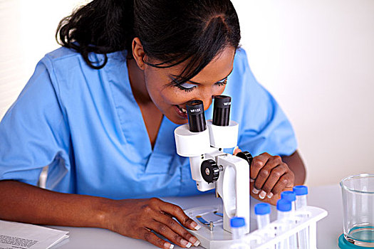 科学,女人,蓝色,制服,显微镜