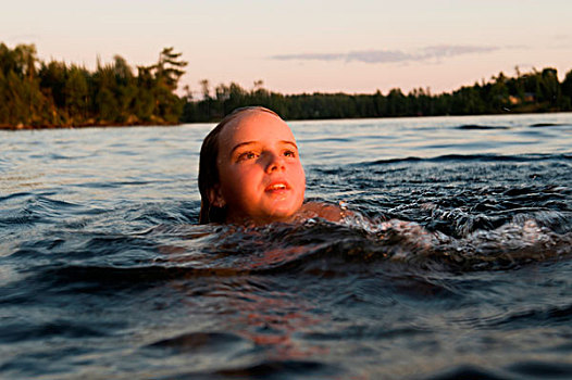 女孩,游泳,湖,木头,安大略省,加拿大