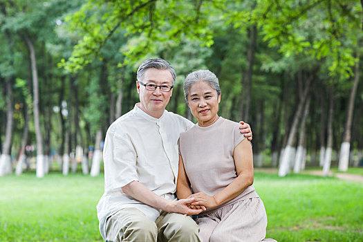 幸福的老年夫妇坐在公园的椅子上