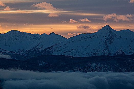 风景,顶峰,晚上,亮光,冬天,阿尔卑斯山,上巴伐利亚,巴伐利亚,德国