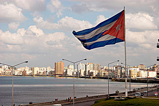 景色,远眺,马雷贡,老哈瓦那,大,古巴国旗