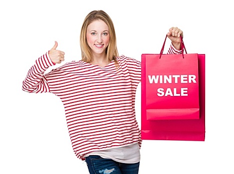 女人,手,竖大拇指,手势,拿着,购物袋,展示,冬季销售