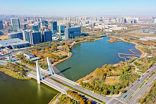 航拍河南郑州中原龙子湖智慧岛,龙子湖湖心岛