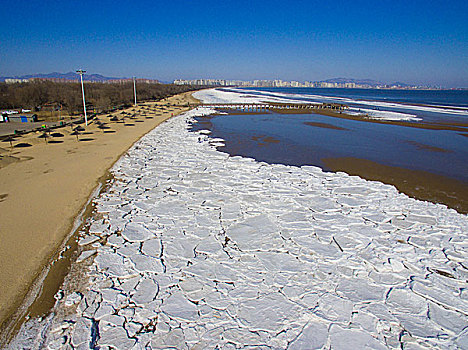 海冰,奇观,寒冷,冬季,冰块,海滩,安静,秦皇岛,北戴河,航拍,鸟瞰