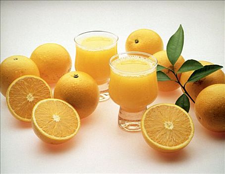 两个,玻璃杯,橙汁,新鲜,橘子