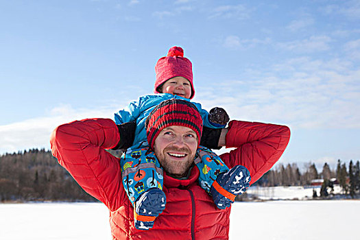 父亲,孩子,儿子,肩上,雪中,遮盖,风景
