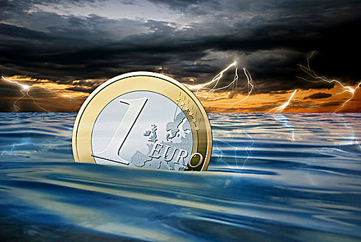 1欧元,硬币,沉没,海中,雷暴