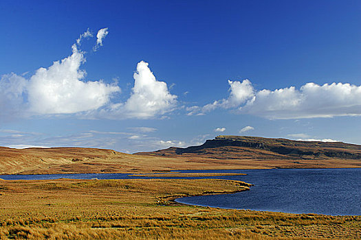 苏格兰,斯凯岛,湖,软,下午,亮光,围绕,高沼地,山