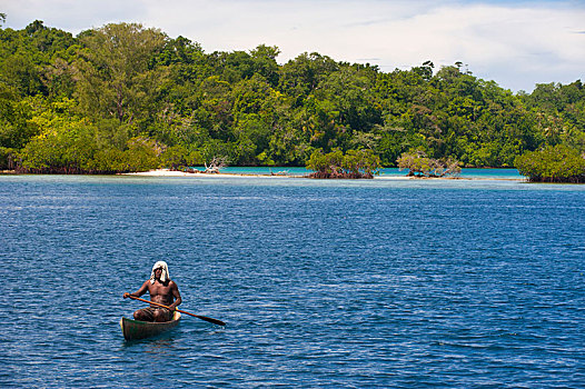 男人,划船,独木舟,泻湖,西部,省,所罗门群岛,大洋洲