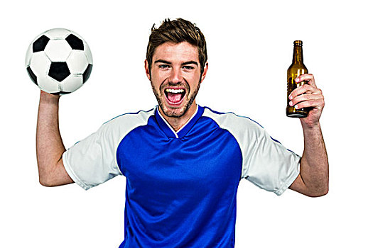 头像,兴奋,男人,拿着,足球,啤酒瓶,白色背景