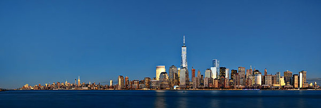 纽约,天际线,摩天大楼,上方,哈得逊河,新泽西,夜晚