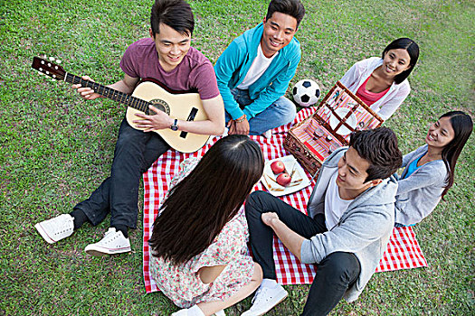 朋友,野餐,休闲,公园,弹吉他,交谈