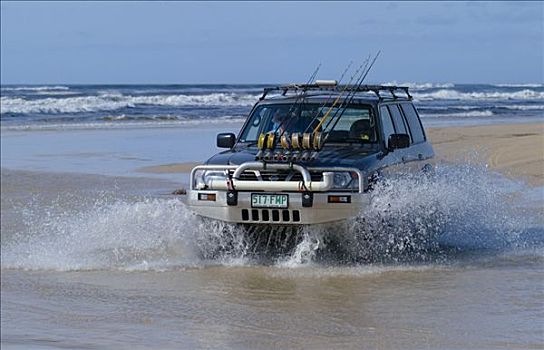 越野车辆,四驱车,驾驶,水,海滩,弗雷泽岛,昆士兰,澳大利亚