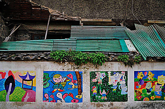 画,儿童画,老房子,旧建筑,围墙,中国,小巷,街道
