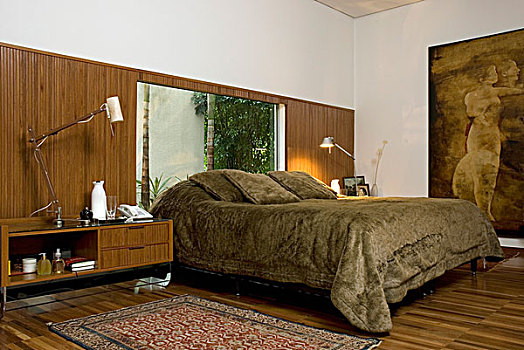 双人床,绿色,毛皮,遮盖,正面,窗,床头柜,木墙,相同,木