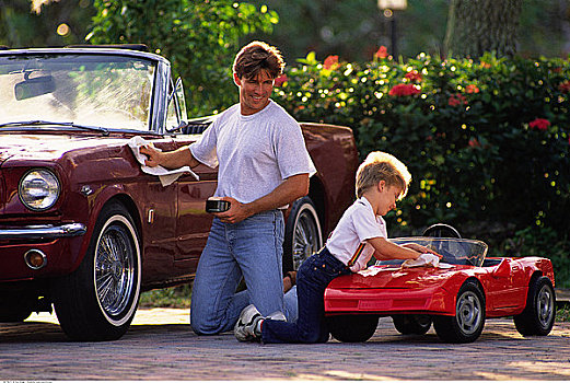 父亲,抛光,汽车,儿子,玩具车