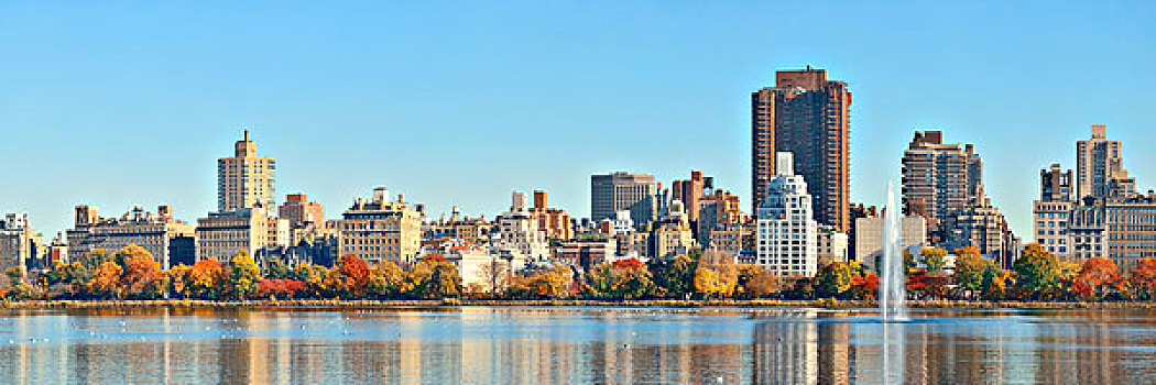 中央公园,曼哈顿,东方,奢华,建筑,全景,上方,湖,喷泉,秋天,纽约