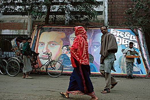 男人,女人,走,大,手绘,海报,街道,老,孟加拉