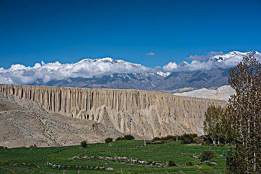 雪山,山景,侵蚀,风景,绿色,地点,靠近,莫斯坦王国,喜马拉雅山,尼泊尔,亚洲