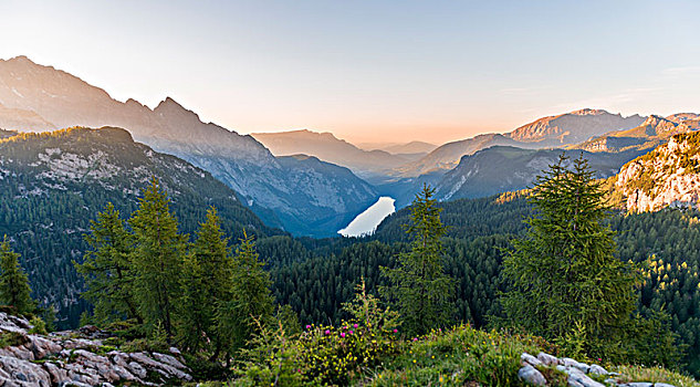 全景,风景,上方,左边,瓦茨曼山,日落,国家公园,贝希特斯加登地区,上巴伐利亚,巴伐利亚,德国,欧洲