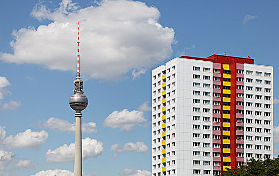 柏林,电视塔,整修,原东德,预制,水泥,公寓楼,德国,欧洲