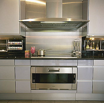 现代,厨房,特写,灰色,黑色,工作,不锈钢,炉架,炊具,排风罩