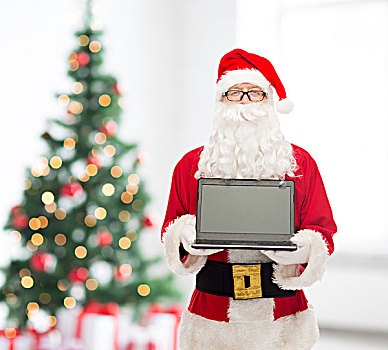 圣诞节,广告,科技,人,概念,男人,服饰,圣诞老人,笔记本电脑,上方,客厅,树,背景