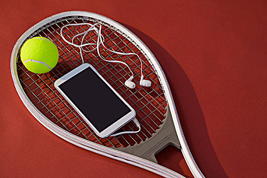 俯拍,手机,耳机,球,网球拍,上方,栗色,背景