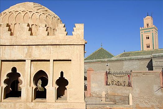 古老,装饰,穹顶,建筑,尖塔,清真寺,麦地那,玛拉喀什,摩洛哥