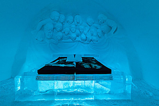 光亮,双人床,雕塑,冰旅馆,诺尔博滕县,拉普兰,瑞典