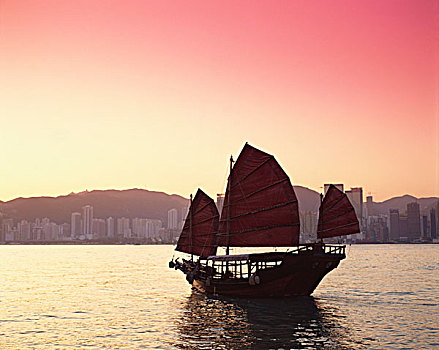 中国,香港,航行,帆船,日出