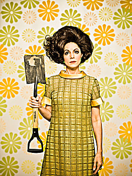 女人,20世纪60年代,风格,连衣裙,花,壁纸,拿着,铲