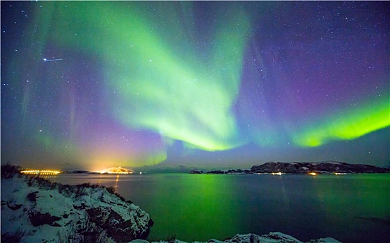 挪威海岸,地平线,黑夜,极光
