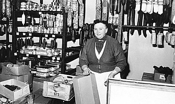 屠宰业,女销售员,货摊,后面,店,台案,60年代,德国,欧洲