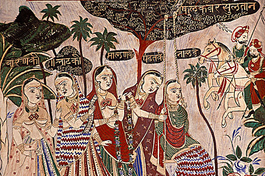女人,骑手,壁画,哈维利建筑,沙卡瓦蒂,区域,拉贾斯坦邦,北印度,印度,南亚,亚洲