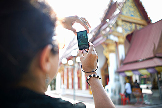 女人,摄影,建筑,智能手机,曼谷,泰国,亚洲