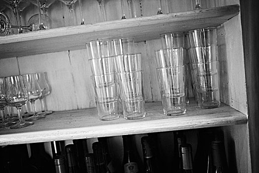 玻璃杯,一堆,木质,架子