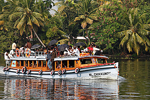 乘客,渡轮,死水,靠近,喀拉拉,印度,南亚,亚洲