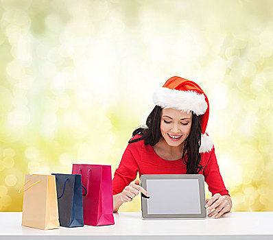 圣诞节,圣诞,电子产品,小物件,概念,微笑,女人,圣诞老人,帽子,留白,显示屏,平板电脑,购物袋