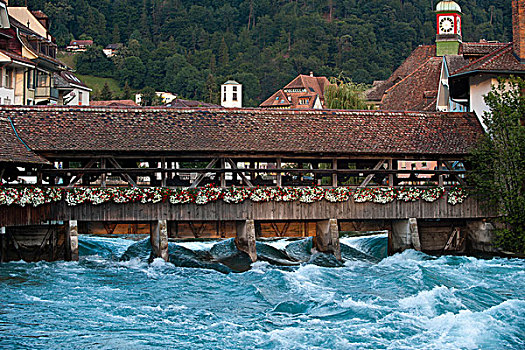 木质,桥,河,图恩,伯恩,瑞士,欧洲