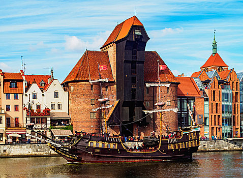 老,历史,帆船,河,中世纪,港口,起重机,老城,格丹斯克,博美狗,波兰,欧洲