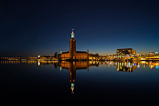斯德哥尔摩,市政厅,夜晚,瑞典