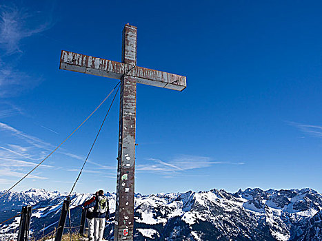 顶峰,十字架,蓝天,山,远足,克莱恩瓦泽泰,山谷,奥地利,欧洲