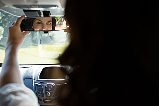 女人,看,后视镜,驾驶,汽车