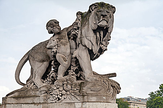 雕塑,男孩,狮子,1896年,亚历山大三世桥,巴黎,法国