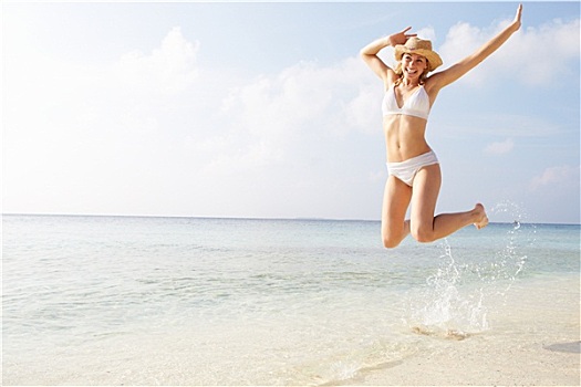 女人,跳跃,空中,热带沙滩
