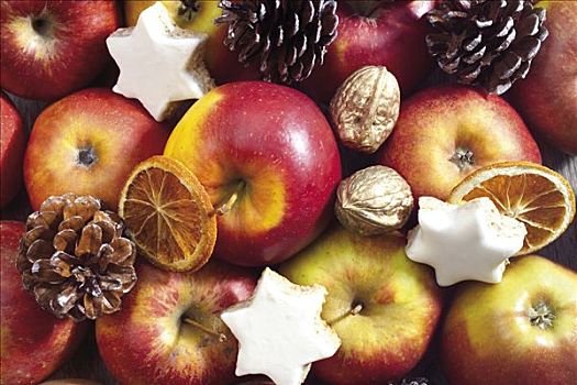 种类,苹果,胡桃,星形,饼干,糖渍,橘子,松果