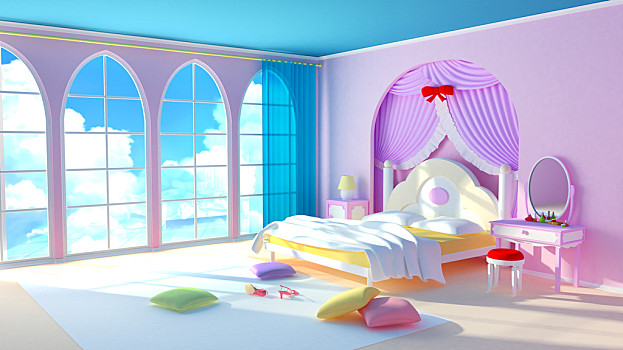 公主,房间,童话,粉色,卧室,女孩,彩色,枕头,大,窗户