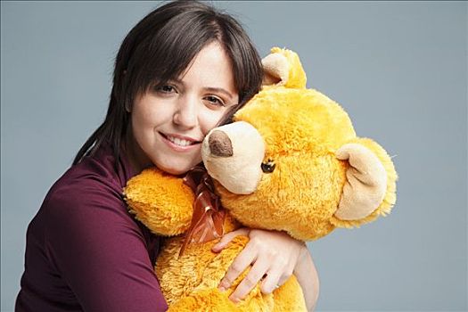 女人,搂抱,泰迪熊