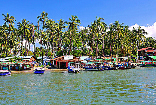 渔民,小屋,船,棕榈海滩,湾,孟加拉,印度洋,缅甸
